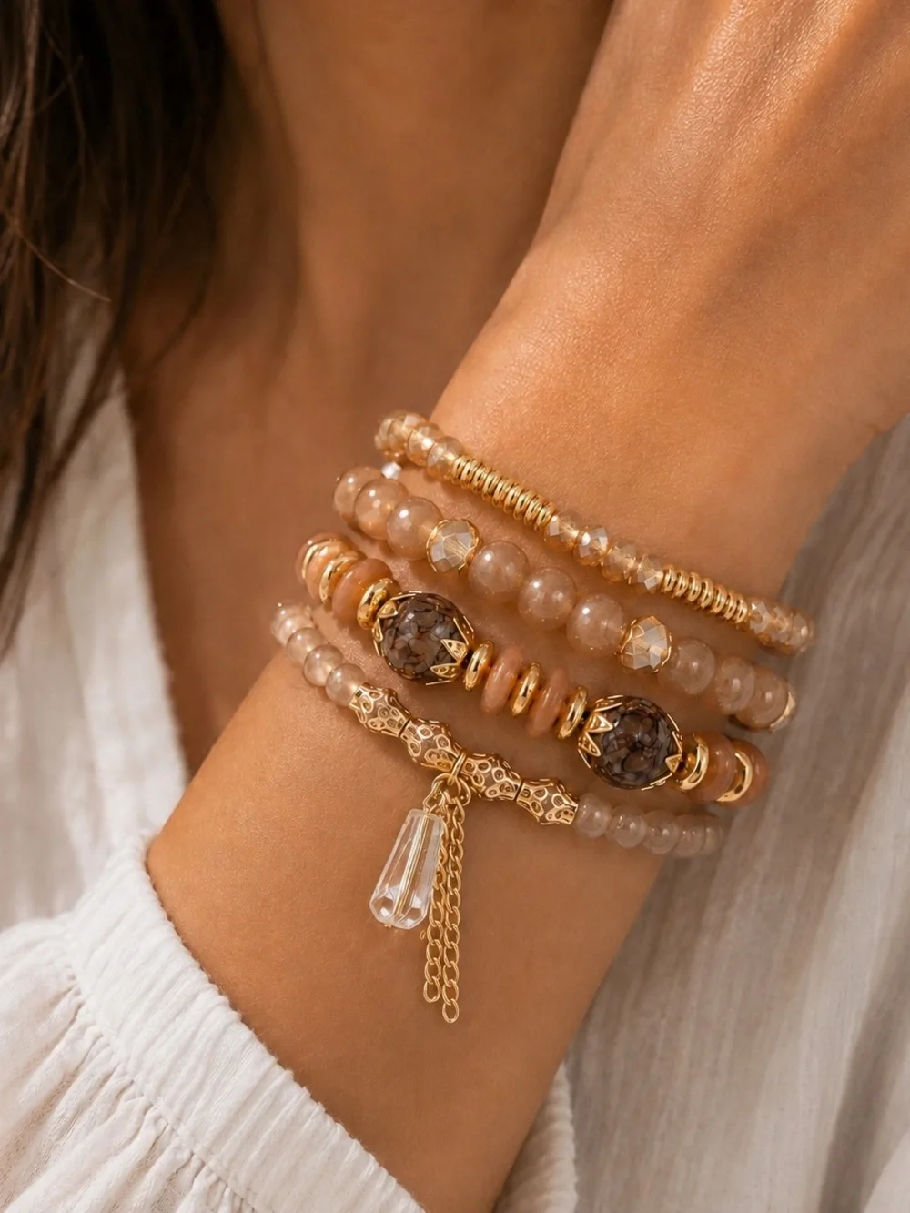 Boho Neutral Beaded Bracelet Stack Gold Tone Crystal Charm Stretch Bracelets